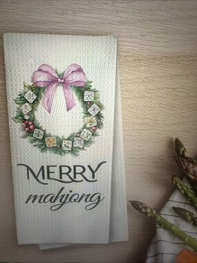 Merry Mahjong Holiday Waffle Weave Kitchen Towel - Pink Bow, new